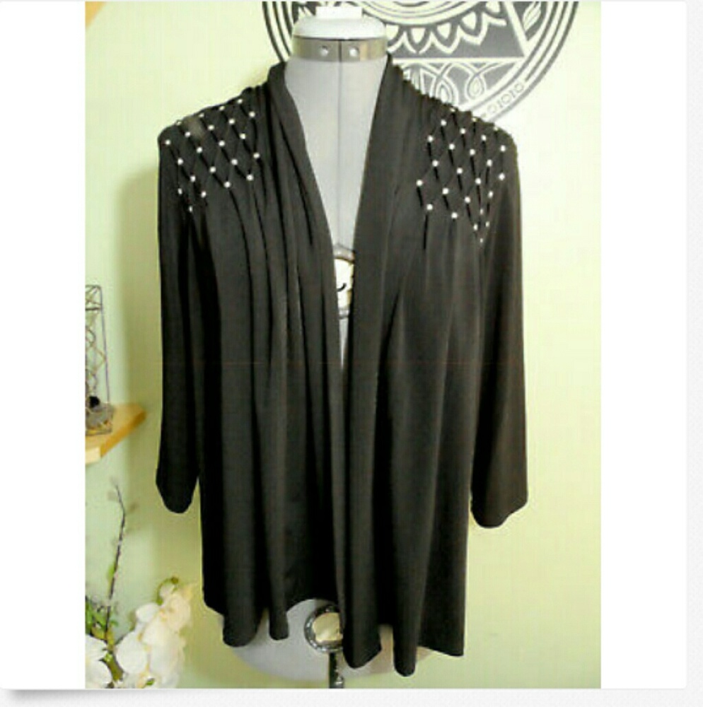 SANGRIA Studded Cardigan Sweater M Little Black Pintucked Draped 3/4 sleeve